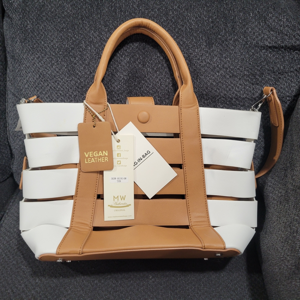 Vegan Leather Tan and White Handbag